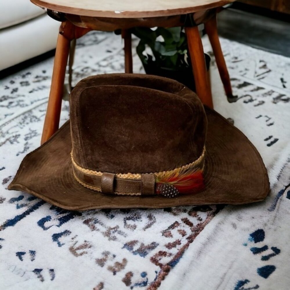 Vintage lanning suede cowboy hat with feather details western ranch unisex
